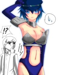  1boy armor bare_shoulders black_eyes blue_eyes blue_hair blush breasts cabbie_hat cleavage commentary_request embarrassed female hat high-cut_armor_(persona) hip_focus legs looking_at_viewer medium_breasts midriff narukami_yuu navel persona persona_4 school_uniform shirogane_naoto short_hair wavy_hair yasogami_school_uniform yozakuragekkou 