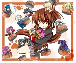  4boys 6+girls bow brown_hair can chibi commentary_request everyone futaki_kanata inohara_masato juujiro_eru kamikita_komari kurugaya_yuiko little_busters! little_busters!_school_uniform long_hair miyazawa_kengo multiple_boys multiple_girls naoe_riki natsume_kyousuke natsume_rin nishizono_mio noumi_kudryavka pink_bow ponytail red_eyes saigusa_haruka sasasegawa_sasami school_uniform tokido_saya umbrella 