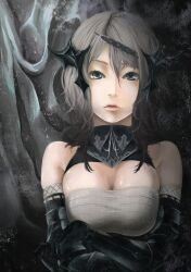  akai_kitsune bad_id bad_pixiv_id breasts cleavage cleavage_cutout clothing_cutout elbow_gloves female gauntlets gloves grey_eyes grey_hair hair_ornament highres medium_breasts original parted_lips shirt short_hair solo 