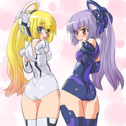  2girls arnval_mk2 arnval_mk2_tempesta ass bad_id bad_pixiv_id blonde_hair blue_eyes busou_shinki dd_(ijigendd) doll_joints elbow_gloves from_behind gloves joints leotard long_hair looking_back multiple_girls purple_eyes purple_hair thighhighs twintails 