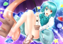  blue_hair censored commentary_request convenient_censoring female geta heterochromia karakasa_obake long_tongue open_mouth purple_umbrella shirt skirt smile solo star_(symbol) tatara_kogasa tongue tongue_out touhou ufo umbrella upskirt vest y2 