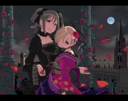  2girls blonde_hair bow brown_eyes chiyomi choker commentary_request dress drill_hair earrings flower full_moon grey_hair hair_flower hair_ornament hair_over_one_eye hair_ribbon hairbow idolmaster idolmaster_cinderella_girls japanese_clothes jewelry kanzaki_ranko letterboxed lolita_fashion moon multiple_girls night pale_skin petals red_eyes ribbon rose rosenburg_alptraum_(idolmaster) shirasaka_koume short_hair skull smile twin_drills twintails wa_lolita 