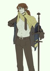  1boy brown_hair glasses gregor_(limbus_company) limbus_company male male_only open_clothes ponytail project_moon prosthetic prosthetic_arm pubic_hair shirt_lift standing sweat tied_hair yellow_eyes 