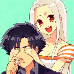  1boy :d bad_id bad_pixiv_id black_hair cigarette commentary_request covering_another&#039;s_eyes covering_own_eyes dress emiya_kiritsugu facial_hair fate/zero fate_(series) female gum_(gmng) hands_on_another&#039;s_face husband_and_wife irisviel_von_einzbern irisviel_von_einzbern_(angel&#039;s_song) long_hair lowres open_mouth red_eyes smile stubble white_hair 