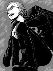  1boy barbell_piercing belt commentary_request delinquent ear_piercing earrings glasses greyscale jacket jacket_on_shoulders jewelry jolly_roger kehutatsu knee_up looking_away male_focus monochrome nose_piercing open_mouth pants persona persona_4 piercing scar serious solo standing sunglasses tatsumi_kanji widow&#039;s_peak 