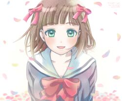  amami_haruka ariga_nao blush brown_hair commentary_request female green_eyes hair_ribbon idolmaster idolmaster_(classic) open_mouth ribbon school_uniform short_hair smile solo 