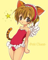  animal_ears brown_eyes brown_hair cat_ears cat_tail commentary_request di_gi_charat female guchurimu_genrishugi highres leotard puchiko red_leotard solo star_(symbol) tail wings 