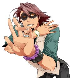  1boy bad_id bad_pixiv_id bracelet brown_eyes brown_hair facial_hair hands jewelry kaburagi_t._kotetsu mask mori-003 necktie outstretched_hand ring stubble tiger_&amp;_bunny vest waistcoat watch wedding_ring wristwatch 