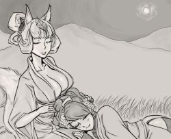  2girls animal_ears bad_id bb_(baalbuddy) blush breasts cleavage closed_eyes field flower fox_ears full_moon greyscale hair_flower hair_ornament hair_rings hand_in_own_hair inactive_account japanese_clothes kimono kongiku lap_pillow large_breasts leaf leaf_on_head momohime monochrome moon multiple_girls night night_sky obi oboro_muramasa photoshop_(medium) sash side_slit sky sleeping 