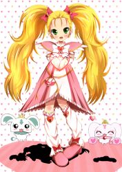  blonde_hair blush boots bow brooch commentary_request creature dress female full_body futari_wa_precure futari_wa_precure_max_heart green_eyes hairbow haru_(nature_life) heart heart_background heart_brooch jewelry knee_boots kujou_hikari leg_warmers long_hair lulun magical_girl porun precure shiny_luminous smile twintails white_background 