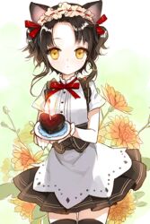  animal_ears black_hair black_thighhighs cake candle cat_ears expressionless female flower food holding lowres maid_headdress mole photoshop_(medium) plate pleated_skirt ribbon salt_(salty) short_hair sita_vilosa skirt solo sword_girls thighhighs yellow_eyes 