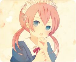  1boy ayu_(mog) bad_id bad_pixiv_id blue_eyes blush crossdressing inazuma_eleven_(series) inazuma_eleven_go kirino_ranmaru maid maid_headdress male_focus open_mouth otoko_no_ko pink_hair twintails 