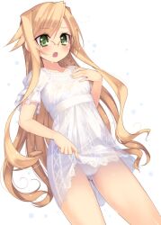  arima_senka blonde_hair blush bra female glasses green_eyes kashiwamochi_yomogi lingerie long_hair open_mouth original panties photoshop_(medium) see-through solo tsurime underwear wet white_panties 