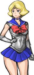  66head bad_id bad_pixiv_id bishoujo_senshi_sailor_moon blonde_hair blue_sailor_collar blue_skirt bow collar cosplay elbow_gloves female gloves gundam mobile_suit_gundam photoshop_(medium) pun red_bow sailor_collar sailor_moon sailor_moon_(cosplay) sailor_senshi_uniform sayla_mass short_hair skirt solo 