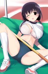  ;o bad_link bra breasts buruma clothes_lift female gym_uniform hima kneehighs large_breasts lingerie navel one_eye_closed original pole_vault shirt_lift shoes sneakers socks solo spread_legs underwear white_bra white_legwear 