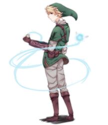  1boy artist_request blonde_hair blue_eyes fairy fingerless_gloves full_body gloves hat holding link navi pointy_ears pouch profile simple_background the_legend_of_zelda white_background 