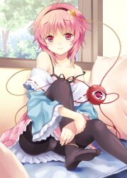  ahoge bad_id bad_pixiv_id bare_shoulders bed black_pantyhose blush chemise eyeball feet female floral_print hairband highres hugging_own_legs komeiji_satori looking_at_viewer no_shoes off_shoulder panties panties_under_pantyhose pantyhose pillow pink_eyes pink_hair rasahan short_hair sitting smile solo strap_slip thighband_pantyhose third_eye touhou tree underwear white_panties window 