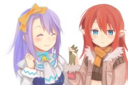  2girls a-ka bad_id bad_pixiv_id blue_eyes commentary_request earrings gloves hair_ribbon jacket jewelry multiple_girls pointy_ears purple_hair red_hair ribbon rune_factory rune_factory_3 sofia_jalapeno_viviage toona white_background 