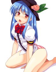  ass bad_id bad_pixiv_id bare_legs blue_hair blush female hat hinanawi_tenshi long_hair matatabi_maru no_pants oerba_yun_fang open_mouth panties red_eyes simple_background solo striped_clothes striped_panties touhou underwear white_background 