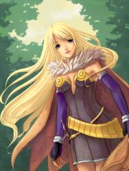  alchemist_(ragnarok_online) blonde_hair breasts cape cleavage commentary_request elbow_gloves elise_trinh female fingerless_gloves gloves long_hair medium_breasts purple_eyes ragnarok_online 