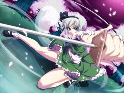  bare_legs black_hairband blue_eyes cherry_blossoms commentary_request dual_wielding dutch_angle female fighting_stance foreshortening hairband highres hitodama holding katana konpaku_youmu konpaku_youmu_(ghost) mary_janes outdoors petals revision shoes short_hair socks solo sword toron_(mino106) touhou weapon white_hair 