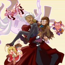  2boys 4girls angry archer_(fate) bb_(fate) bb_(fate/extra) black_pantyhose blush brown_hair carrying chibi commentary_request dark-skinned_male dark_sakura dark_skin fangs fate/extra fate_(series) height_difference hitting kishinami_hakuno_(female) kishinami_hakuno_(male) long_hair matou_sakura megurine_luka mizu_hp multiple_boys multiple_girls nero_claudius_(fate) nero_claudius_(fate/extra) pantyhose princess_carry school_uniform takoluka tamamo_(fate) tamamo_no_mae_(fate/extra) tentacle_hair tsukumihara_academy_uniform_(fate/extra) white_hair 