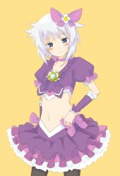  bad_id bad_pixiv_id blue_eyes blush dai_(series) daiteikoku female hair_ribbon katherine_(daiteikoku) kuramoto_takato looking_at_viewer midriff navel pantyhose parody precure purple_skirt ribbon short_hair skirt smile solo suite_precure unofficial_precure_costume white_hair 