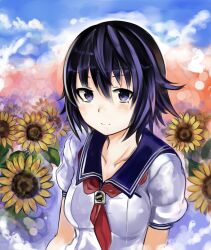  blue_eyes blue_hair commentary_request female flower nerotarou photokano sanehara_hikari school_uniform smile solo sunflower 