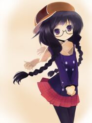  black_hair black_pantyhose blush braid brown_eyes cabbie_hat coat commentary_request female glasses hat long_hair original own_hands_together pantyhose photoshop_(medium) scarf simple_background smile solo twin_braids twintails wara_(warapro) 