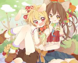  2boys animal_ears bad_id bad_pixiv_id blonde_hair blush braid brown_hair dog_ears long_hair male_focus multiple_boys open_mouth original otoko_no_ko polka_dot rabbit_ears red_eyes ribbon skirt tail tears thighhighs tongue touyama_soboro very_long_hair wrist_cuffs yellow_eyes 