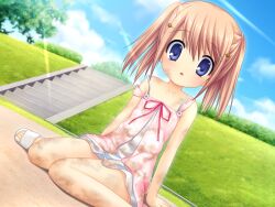  :o arizuki_shiina blue_eyes blush bow brown_hair cloud day dirty dress female game_cg grass hair_ornament kud_wafter little_busters! na-ga pink_bow quad_tails ribbon sand sandals short_hair sky strap_slip sundress tree 