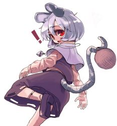  ! animal_ears basket capelet commentary_request female gem grey_hair holding holding_with_tail jewelry looking_back mouse_ears mouse_tail nazrin necklace open_mouth photoshop_(medium) prehensile_tail red_eyes shirt short_hair skirt skirt_set solo tail touhou vest yunuki_uta 