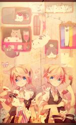  1boy :3 blonde_hair blue_eyes brother_and_sister commentary_request feline female kagamine_len kagamine_rin looking_at_viewer miwasiba phone short_hair siblings sitting smile tail too_many too_many_cats twins vocaloid 