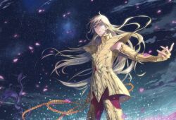  1boy 4_(ym1129) armor beads blonde_hair blue_eyes commentary_request gold_armor gold_saint long_hair male_focus painttool_sai_(medium) petals prayer_beads saint_seiya sky solo star_(sky) starry_sky virgo_shaka 