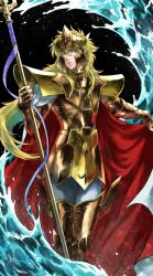  1boy blonde_hair cape commentary_request lanuarius long_hair male_focus polearm poseidon_(saint_seiya) saint_seiya solo trident water weapon 