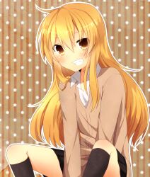  bad_id bad_pixiv_id blonde_hair blush contemporary female grin kirisame_marisa kneehighs oerba_yun_fang sitting skirt smile socks solo star_(symbol) touhou yarawi yellow_eyes 