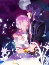  1boy bad_id bad_pixiv_id blue_eyes blue_hair estellise_sidos_heurassein female full_moon hug long_hair moon nishikawa_(fe) petals pink_hair tales_of_(series) tales_of_vesperia wind yuri_lowell 