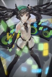  aituoku alternate_color bad_id bad_pixiv_id black_eyes black_hair elbow_gloves female fingerless_gloves floating_hair gloves hatsune_miku long_hair photoshop_(medium) solo thighhighs twintails vocaloid 