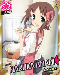  amami_haruka apron brown_hair card_(medium) card_parody character_name cinderella_girls_card_parody commentary_request cooking female flower flower_(symbol) green_eyes idolmaster idolmaster_(classic) ladle parody saucer short_hair sleeves_rolled_up solo star_(symbol) takeya_yuuki 