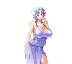  blue_hair breasts cleavage dress finger_to_mouth huge_breasts kyonyuu_majo no_bra tenma_yuria waffle 