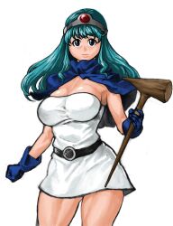  66head bad_id bad_pixiv_id belt blue_eyes blue_hair breasts circlet club_(weapon) dragon_quest dragon_quest_iii dress female gloves large_breasts long_hair photoshop_(medium) sage_(dq3) solo strapless strapless_dress thighs tube_dress weapon 