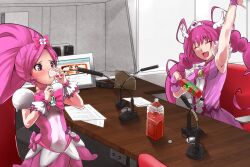  2girls antenna_hair arm_up armpits bow choker closed_eyes color_connection commentary_request cure_blossom cure_happy drinking hanasaki_tsubomi head_wings heartcatch_precure! high_ponytail hoshizora_miyuki in-franchise_crossover juice long_hair low_twintails magical_girl multiple_girls nanaku_teiru photoshop_(medium) pink_bow pink_choker pink_eyes pink_hair pink_skirt ponytail precure skirt smile smile_precure tiara tomato_juice twintails wide_ponytail wings wrist_cuffs 