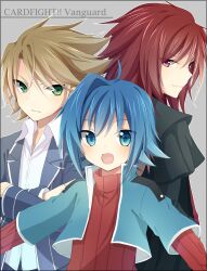  3boys :d bad_id bad_pixiv_id blue_eyes blue_hair border brown_hair cardfight!!_vanguard copyright_name crossed_arms green_eyes izumi39 kai_toshiki looking_at_viewer male_focus multiple_boys open_mouth pink_eyes red_hair sendou_aichi smile suzugamori_ren 