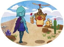  blue_eyes blue_hair cactus cape desert eye_contact female fi_(zelda) floating flower looking_at_another pantyhose robot saguaro scrapper skeleton standing the_legend_of_zelda the_legend_of_zelda:_skyward_sword yougarashi_purin 