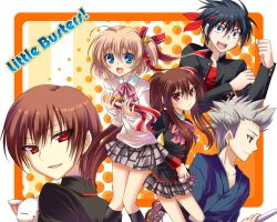  2girls 3boys bad_id bad_pixiv_id bow feline inohara_masato kamikita_komari lennon little_busters! little_busters!_school_uniform long_hair miyazawa_kengo multiple_boys multiple_girls natsume_kyousuke natsume_rin pink_bow ribbon school_uniform short_hair soraeda 