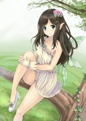  aqua_eyes black_hair blue_door blush breasts cleavage commentary_request fairy fairy_wings female flower gloves hair_flower hair_ornament hairclip high_heels in_tree leg_up long_hair original pointy_ears shoes sitting sitting_in_tree skirt small_breasts smile solo tree white_skirt wings 