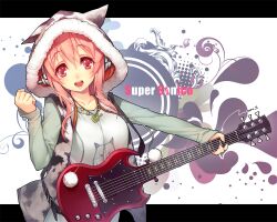  breasts character_name clenched_hand commentary_request electric_guitar female guitar headphones hood hoodie instrument jewelry lvans medium_breasts necklace nitroplus open_mouth photoshop_(medium) pink_eyes pink_hair red_eyes smile solo super_sonico upper_body 