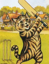  ambiguous_gender bat_(object) biped cottage cricket_(sport) cricket_bat domestic_cat felid feline felis formal_art louis_wain mammal nude public_domain semi-anthro smile sport whiskers 