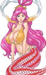  66head blue_eyes breasts cleavage commentary female large_breasts long_hair mermaid monster_girl one_piece open_mouth photoshop_(medium) pink_hair shirahoshi solo surprised 