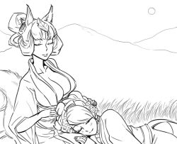  2girls animal_ears bad_id bb_(baalbuddy) blush breasts cleavage closed_eyes field flower fox_ears full_moon greyscale hair_flower hair_ornament hair_rings hand_in_own_hair inactive_account japanese_clothes kimono kongiku lap_pillow large_breasts leaf leaf_on_head line_art momohime monochrome moon multiple_girls night night_sky obi oboro_muramasa photoshop_(medium) sash side_slit sky sleeping 